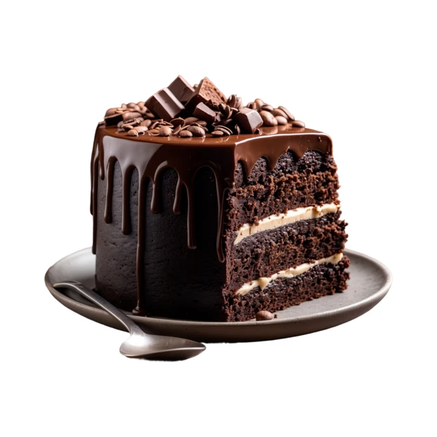 Decadent chocolate layer cake with coffee beans and ganache drip