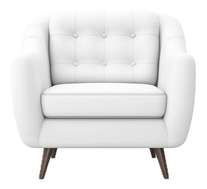 Modern white tufted armchair with wooden legs isolated