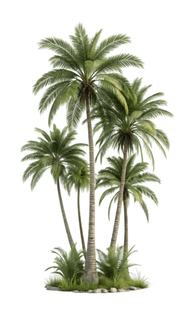 Cluster of tropical palm trees isolated on white background