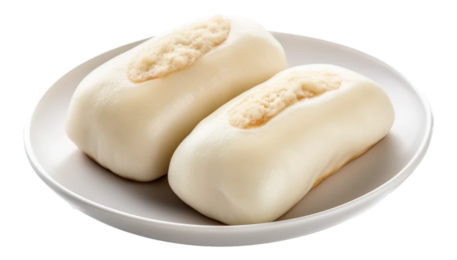 Two soft white steamed buns on a grey plate
