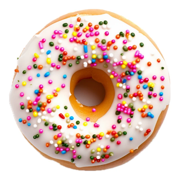 Donut with white frosting and colorful sprinkles isolated on white