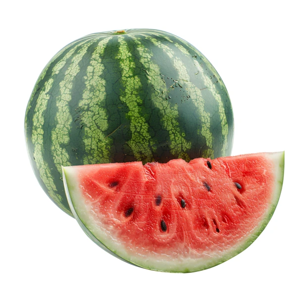 Whole watermelon and a fresh slice isolated on white