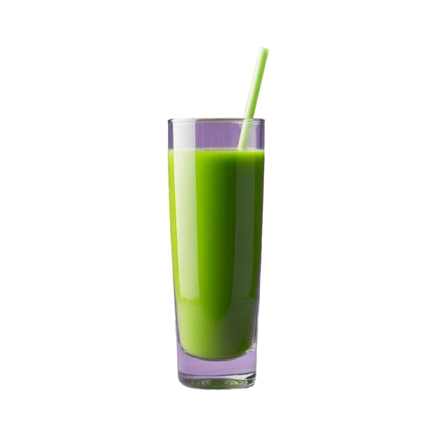 Fresh green smoothie in tall glass isolated on white