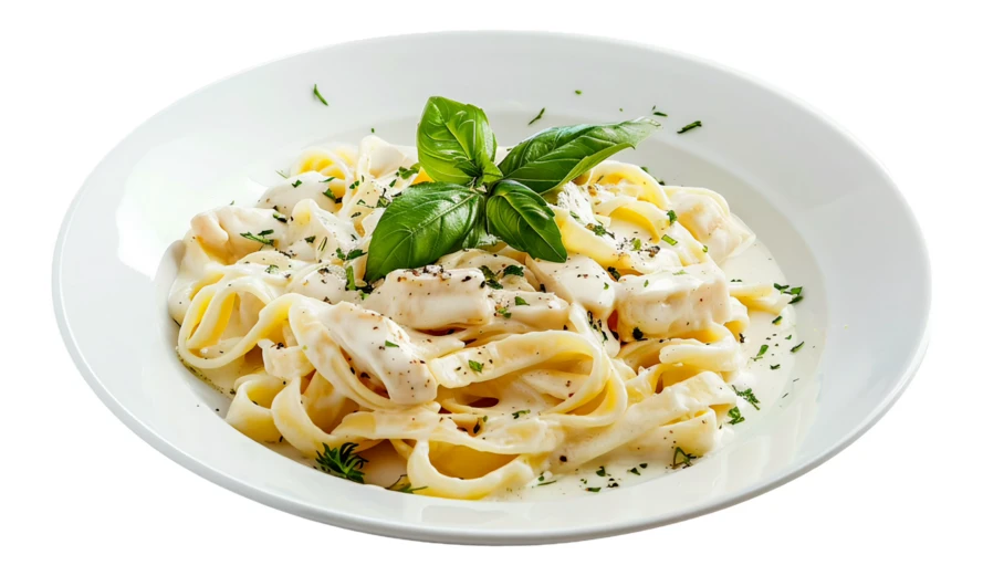 Chicken fettuccine alfredo pasta garnished with fresh basil
