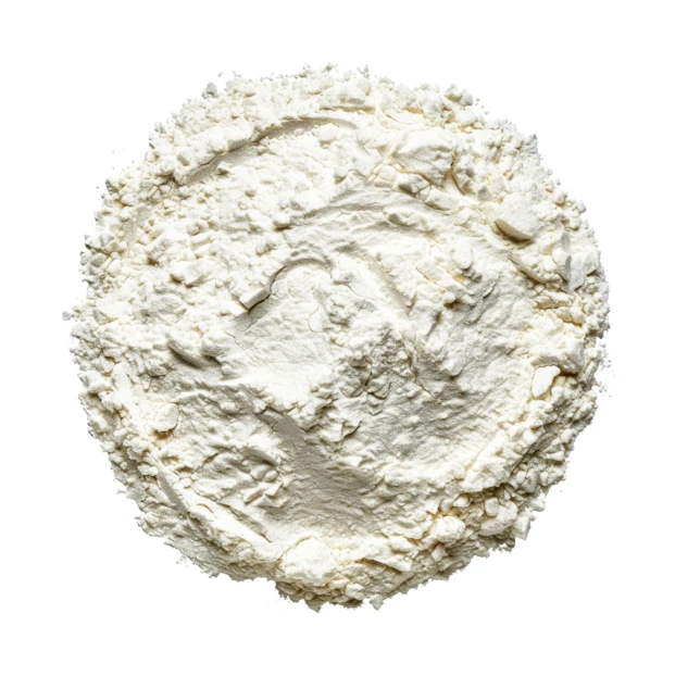 Top view of white flour pile isolated on white background