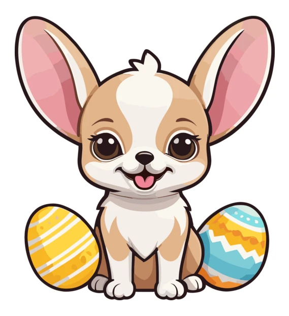 Cute cartoon chihuahua puppy with colorful Easter eggs