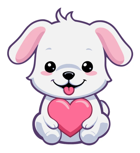 Cute white puppy holding pink heart illustration
