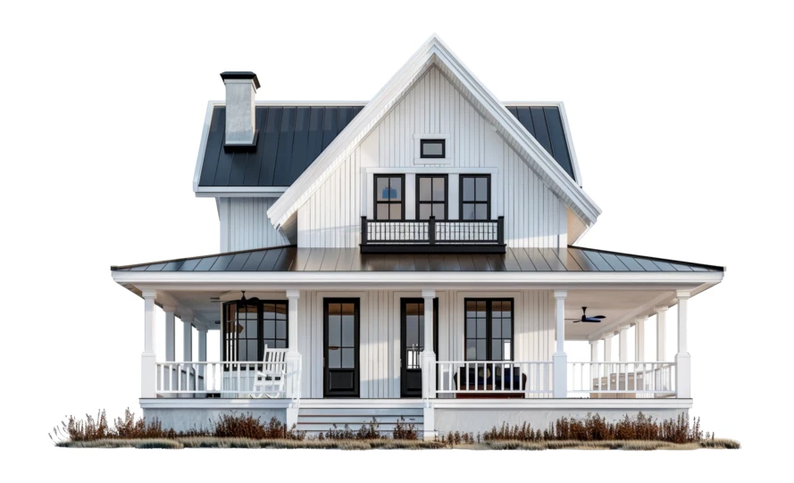 Modern two-story white farmhouse with black roof and porch
