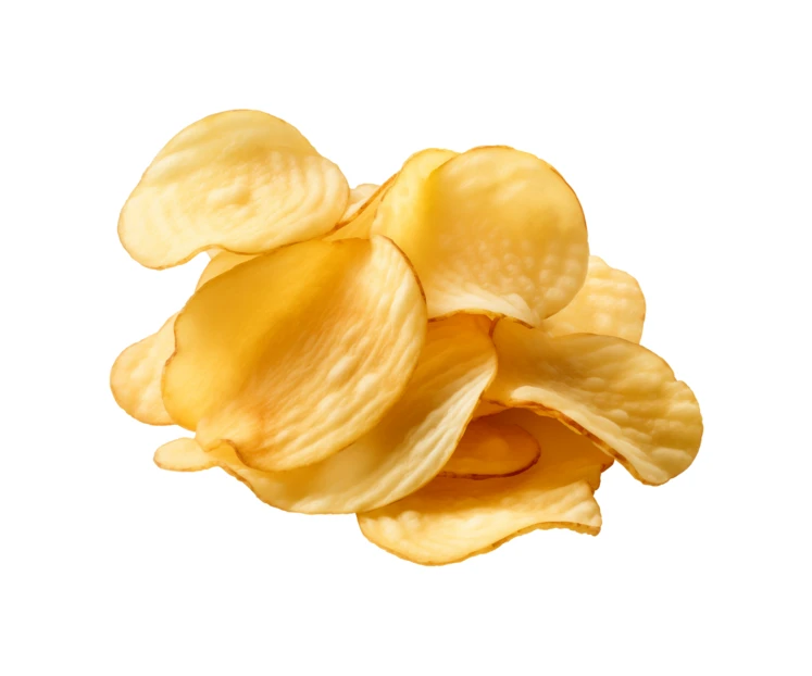 Small pile of golden potato chips isolated on white