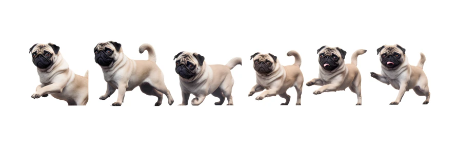Sequence of a pug running and jumping on white background