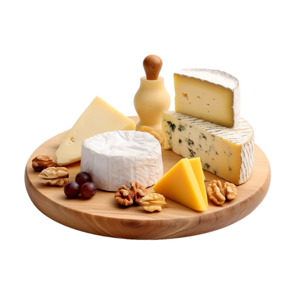 Gourmet cheese platter with brie, blue cheese, and walnuts