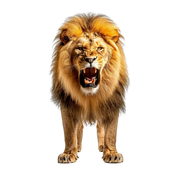Aggressive male lion roaring and showing teeth on white background
