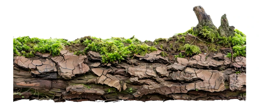 Tree bark with green moss isolated on white background