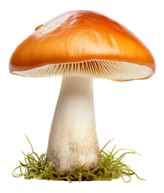 Single orange capped mushroom isolated on white background