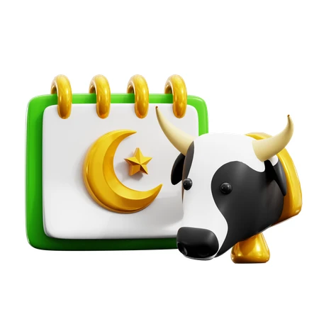 3D Eid al-Adha calendar and cow icon on white background