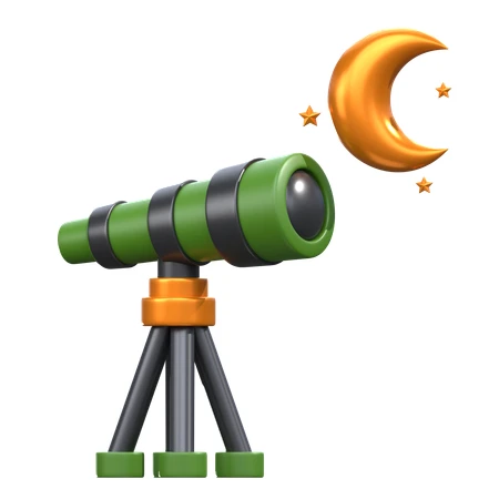 3D green telescope with crescent moon and stars
