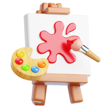 3D illustration of an art easel with canvas and palette
