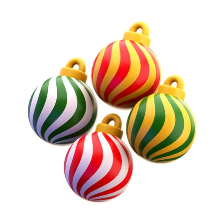 Colorful 3D rendered striped Christmas baubles on white background