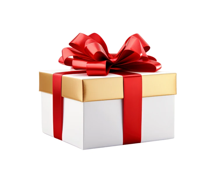 White and gold gift box with large red ribbon bow
