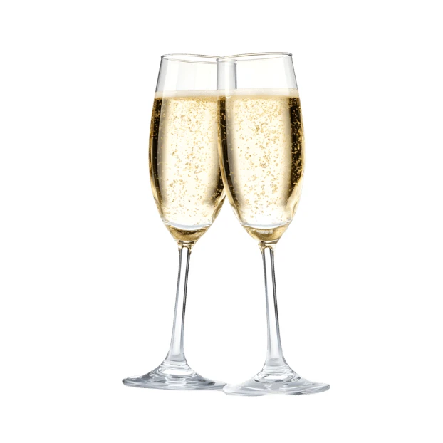 Two champagne flutes toasting isolated on white background