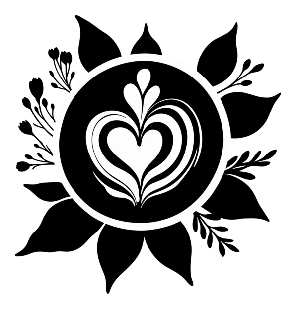 Coffee latte art with heart and leaves silhouette illustration