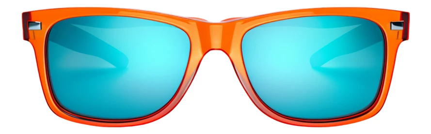 Orange wayfarer sunglasses with blue mirrored lenses