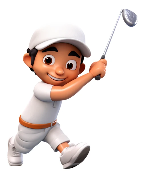 3D cartoon male golfer swinging club on white background