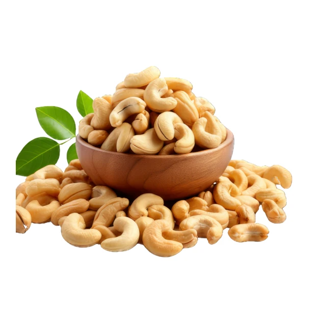 Roasted cashew nuts in wooden bowl with green leaves