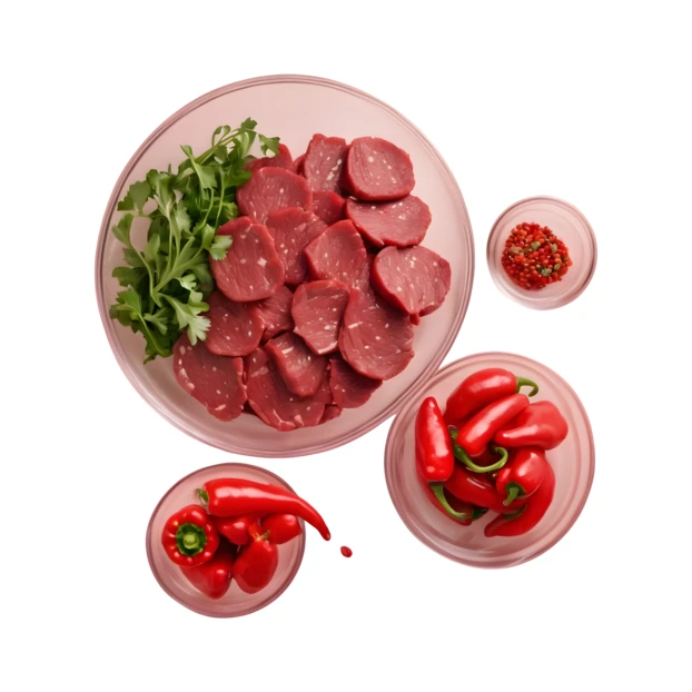 Raw beef slices with red peppers and parsley in bowls