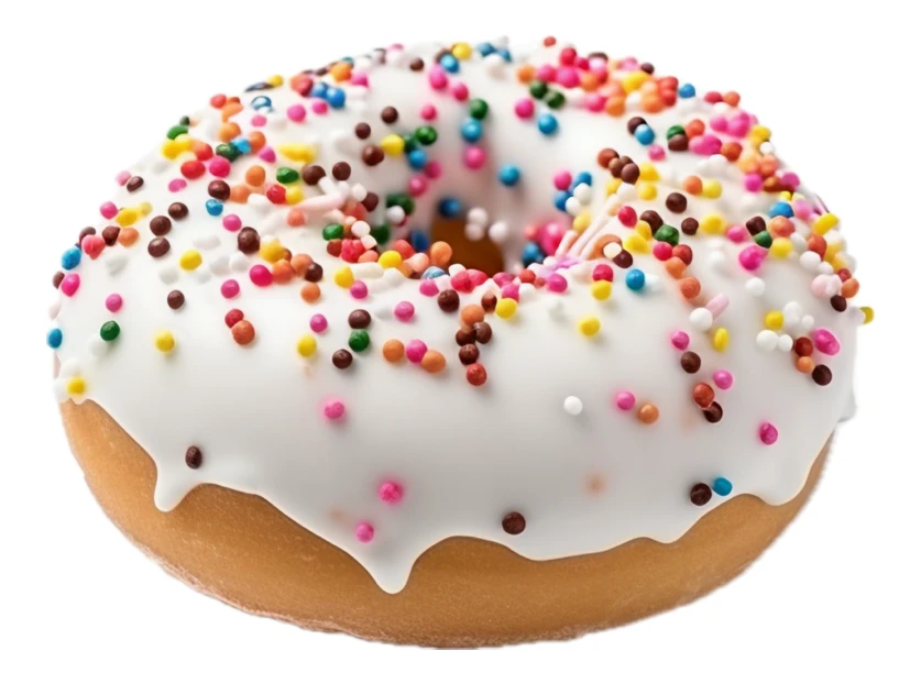Donut with white frosting and colorful sprinkles on white background