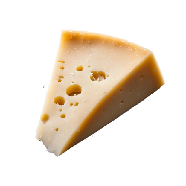 Wedge of Swiss cheese with holes on white background