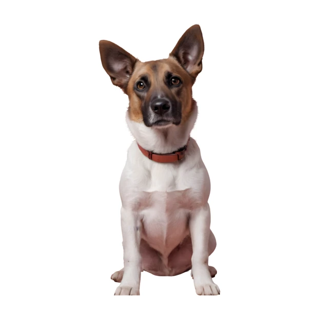 Mixed breed dog sitting and looking at camera isolated