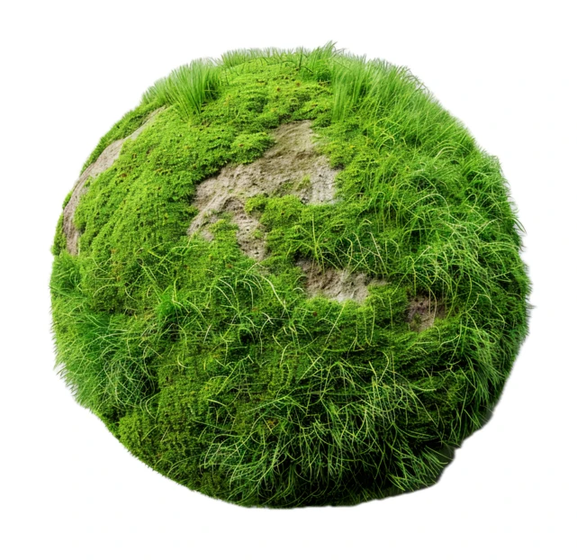 Miniature globe covered in green grass and moss