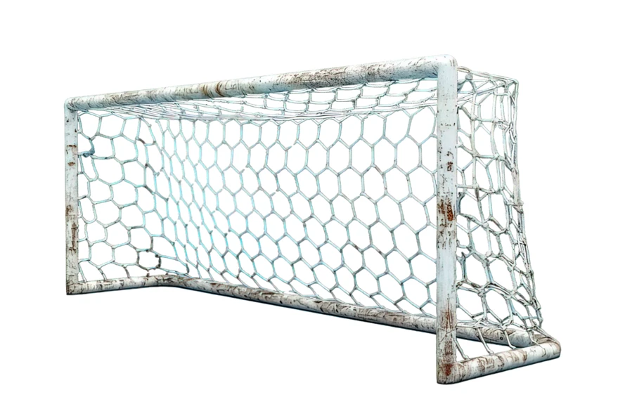 Old rusty soccer goal post isolated on white background