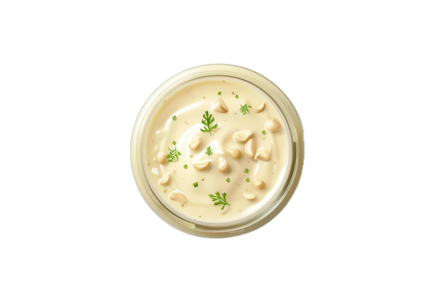 Overhead view of creamy dip with nuts and herbs