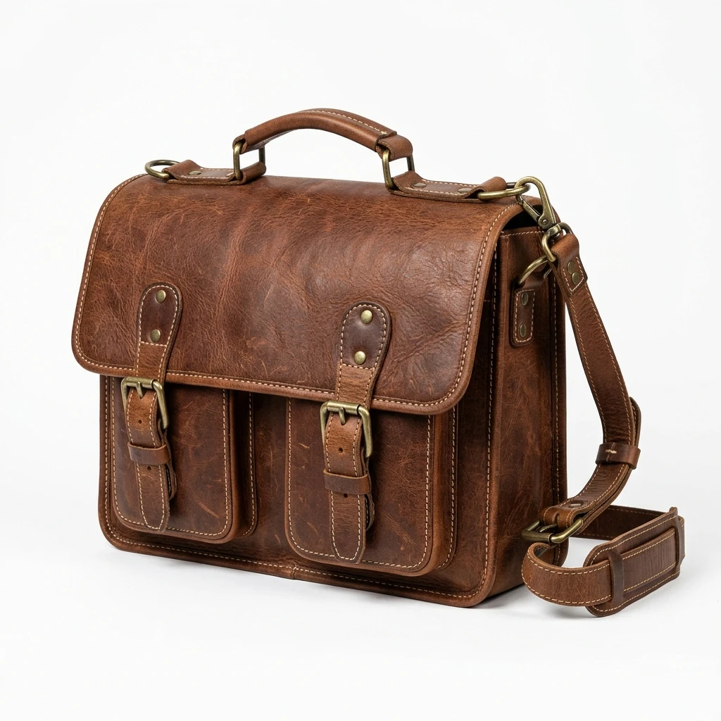Vintage brown leather messenger bag isolated on white background