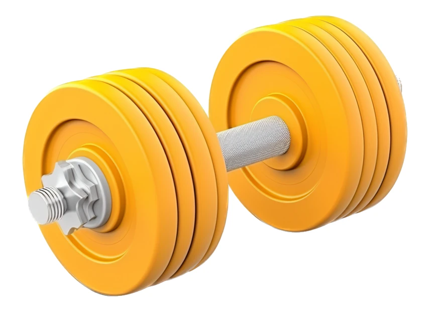 Yellow adjustable dumbbell with weight plates on white background