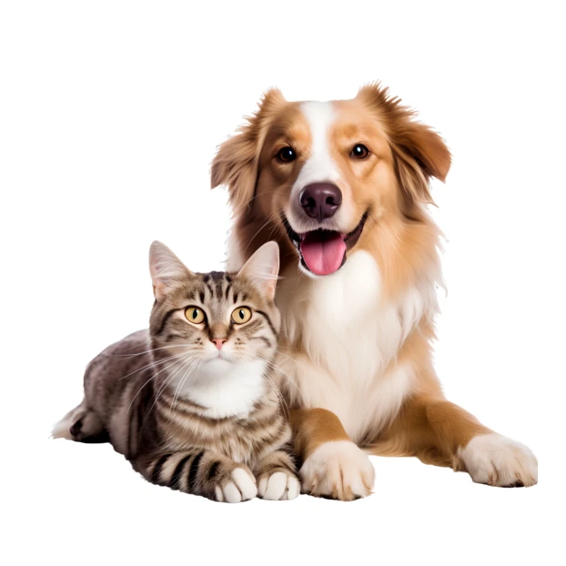 Happy dog and cat lying together on white background