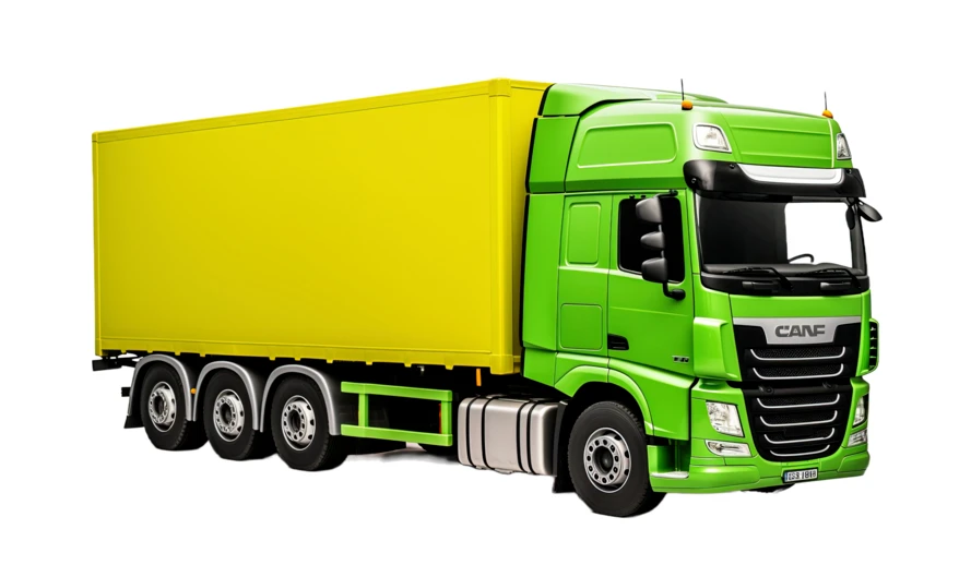 Modern semi-trailer truck with green cab and yellow trailer