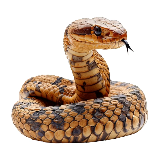 Coiled brown snake with flicking tongue on white background