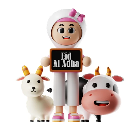 A girl with a goat and a cow