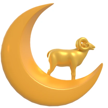 Golden ram standing on a crescent moon for Eid al-Adha