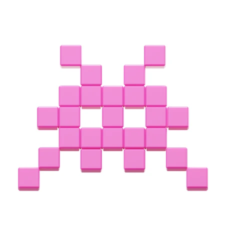 Pink 3D pixelated alien character isolated on white
