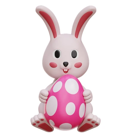 3D cartoon Easter bunny holding a pink polka dot egg