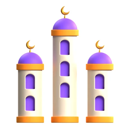 3D illustration of stylized purple and gold mosque minarets