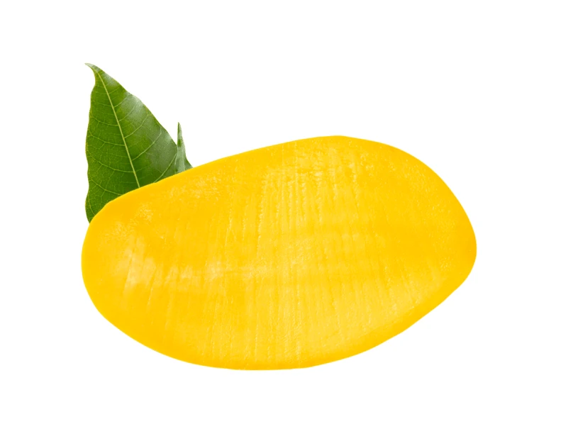 Fresh yellow mango slice with green leaf on white background