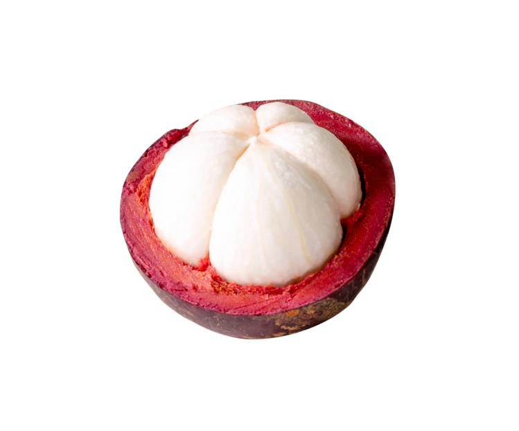 Sliced mangosteen fruit showing white flesh on white background