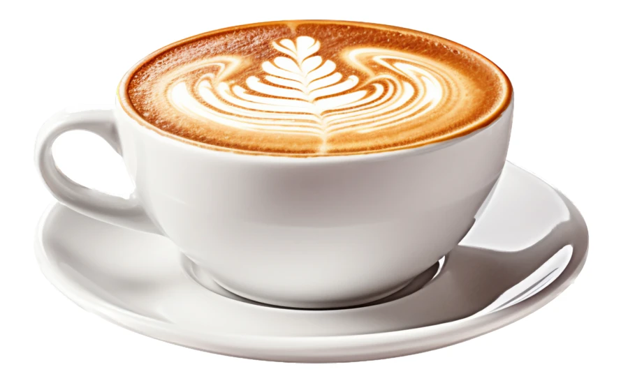 Cappuccino coffee with rosette latte art in white cup