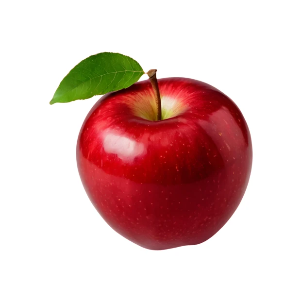 Single ripe red apple with leaf isolated on white