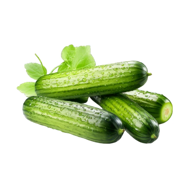 Fresh green cucumbers with leaves and water droplets